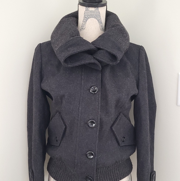 Grey DKNY Jeans Statement Cropped Wool Jacket w/ Oversized Knit Collar & Hem - Picture 10 of 10